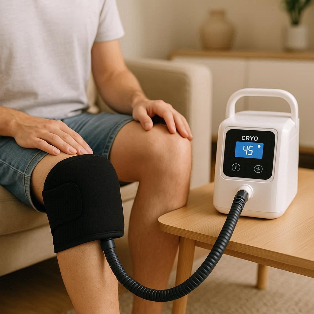 Ice Machine for Knee Surgery: Man with cooling machine on knee