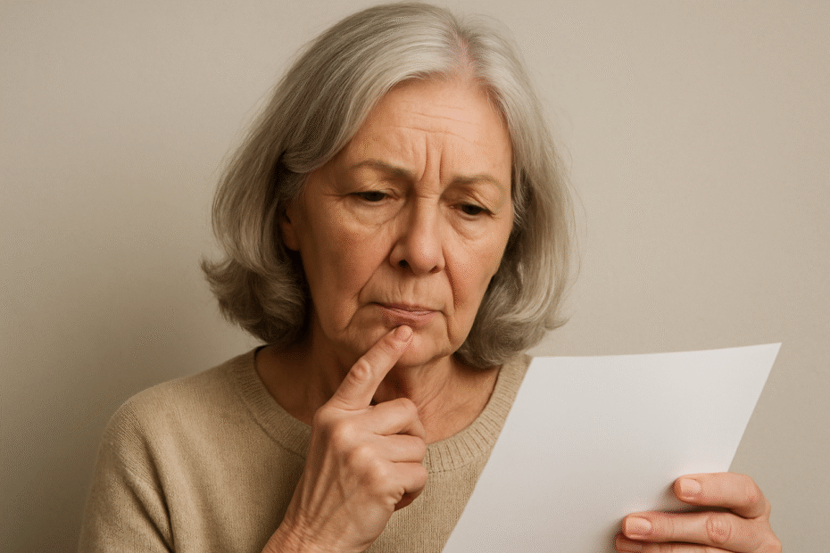 Older lady reading and thinking while holding her hand to her face