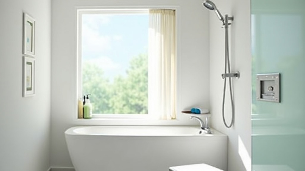 Adjustable shower head and bath seat in a bright, modern bathroom