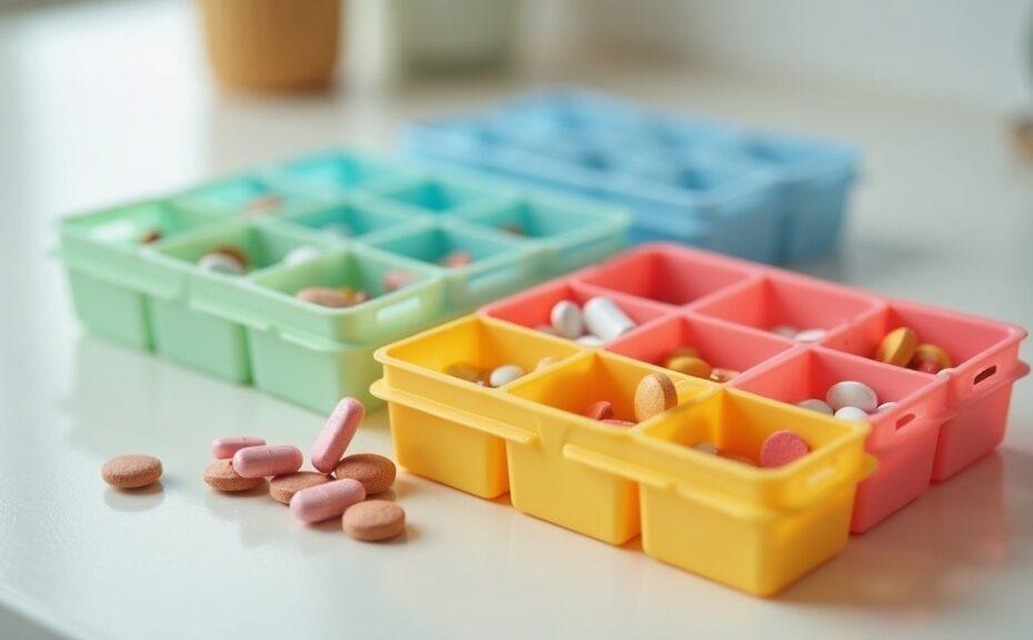colorful pill organizer boxes