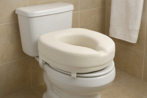 a toilet with a raised comfort seat attached