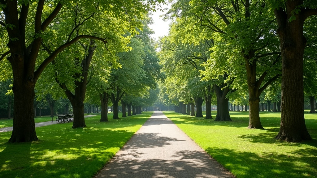 Green park space with plants and pathways under morning light